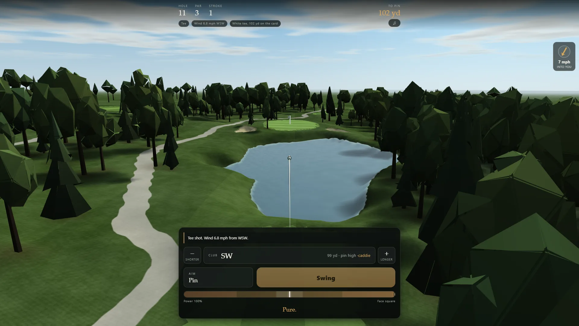 Playing the eleventh at River Ridge in a browser: a tee shot over the pond.