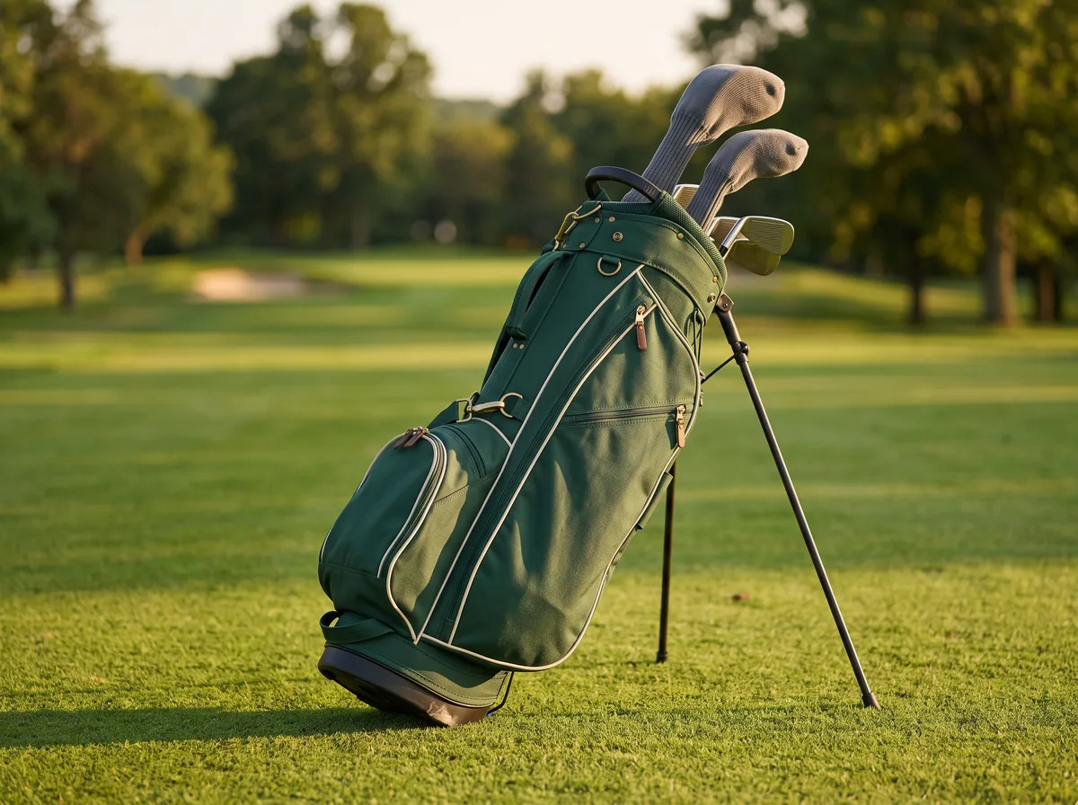 A forest green golf stand bag on a fairway in evening light.