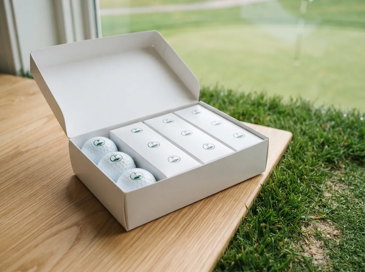 An open box of white golf balls printed with a small green flag emblem.