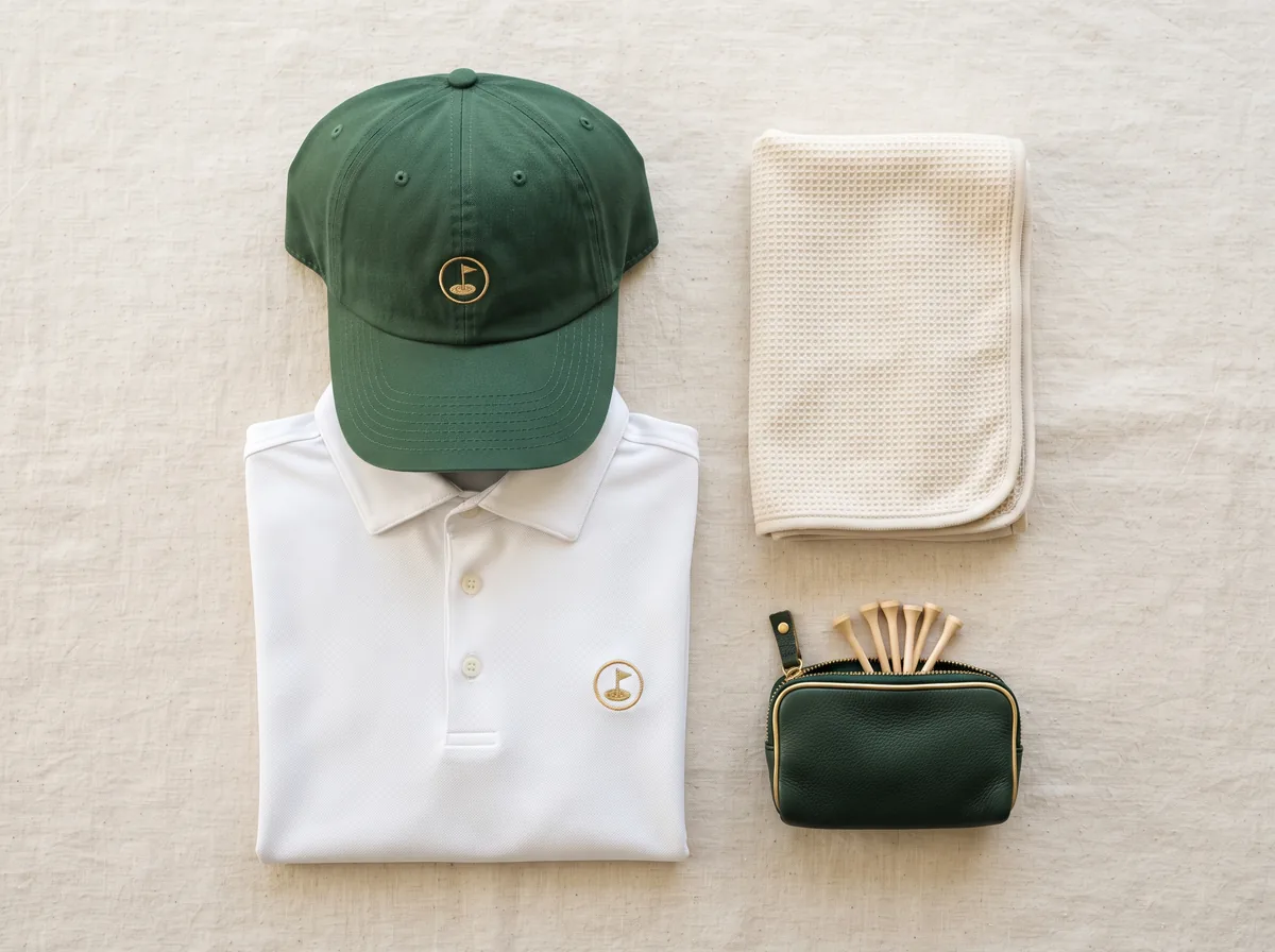 A green cap, a white polo, a cream towel and a tee pouch laid flat, each with a small gold flag emblem.