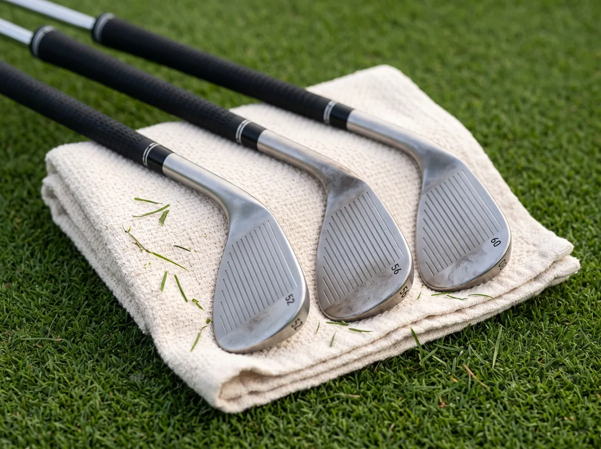 Three steel wedges laid on a cream golf towel on the grass.