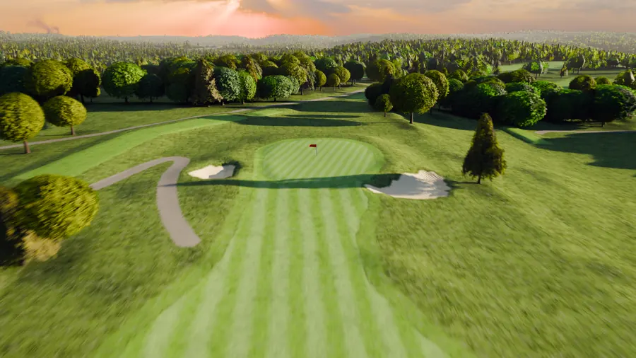 Arrival at the first green at River Ridge, path and bunker, pink sky.