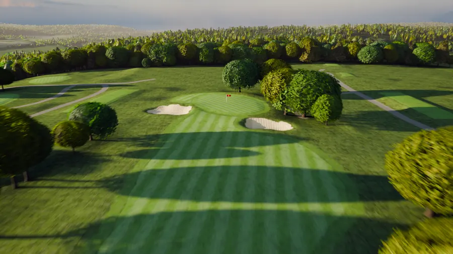 The second green at River Ridge between twin bunkers, specimen trees, a band of sky.