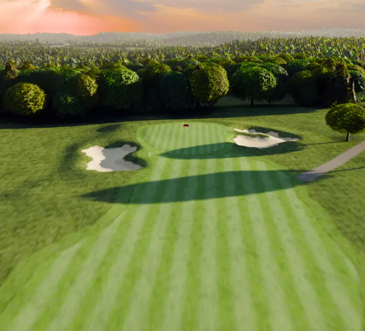 The third green at River Ridge, bunker and flag in golden light, in a portrait crop.