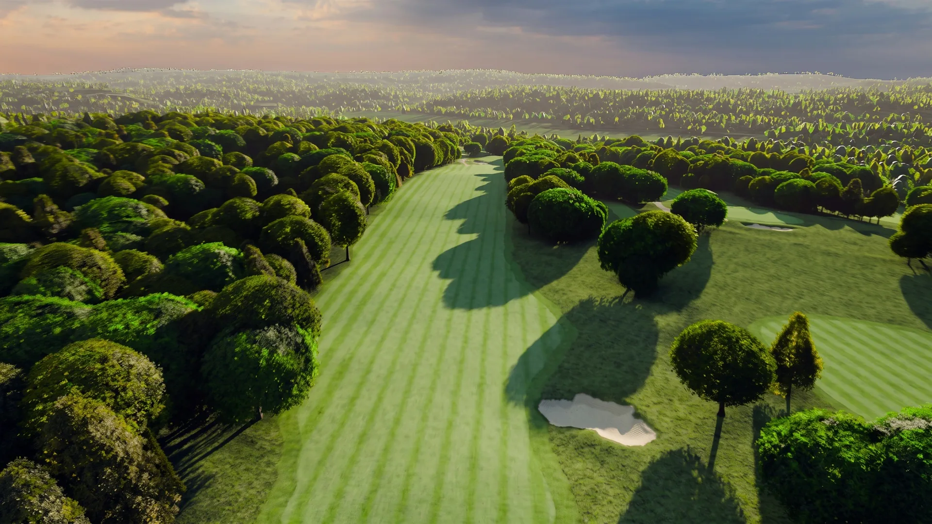 The fifth's striped corridor at River Ridge in deep shade, one bunker glinting.