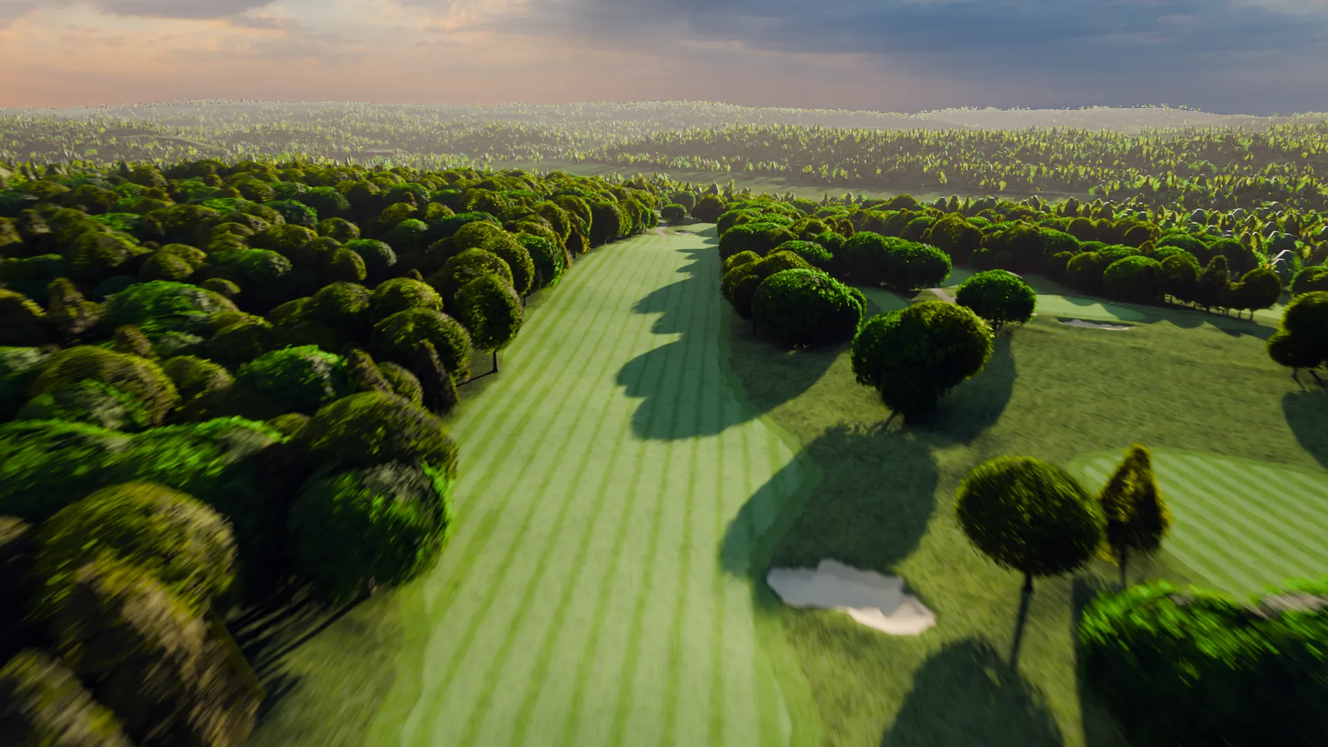The fifth's striped corridor in deep shade, one bunker glinting.