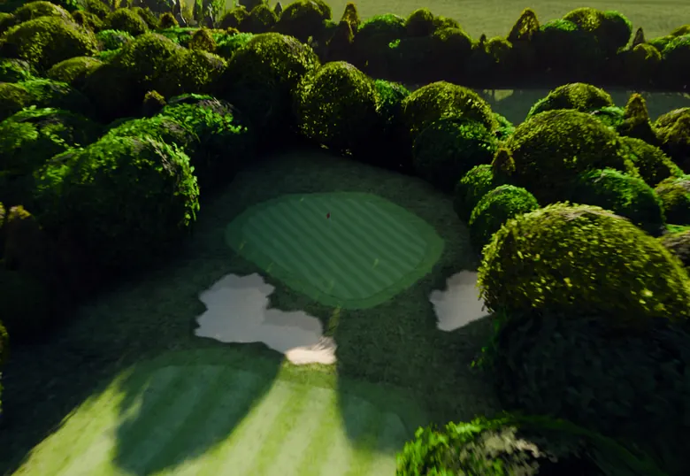 The sixth green at River Ridge, its bunker pair on a shelf of light.