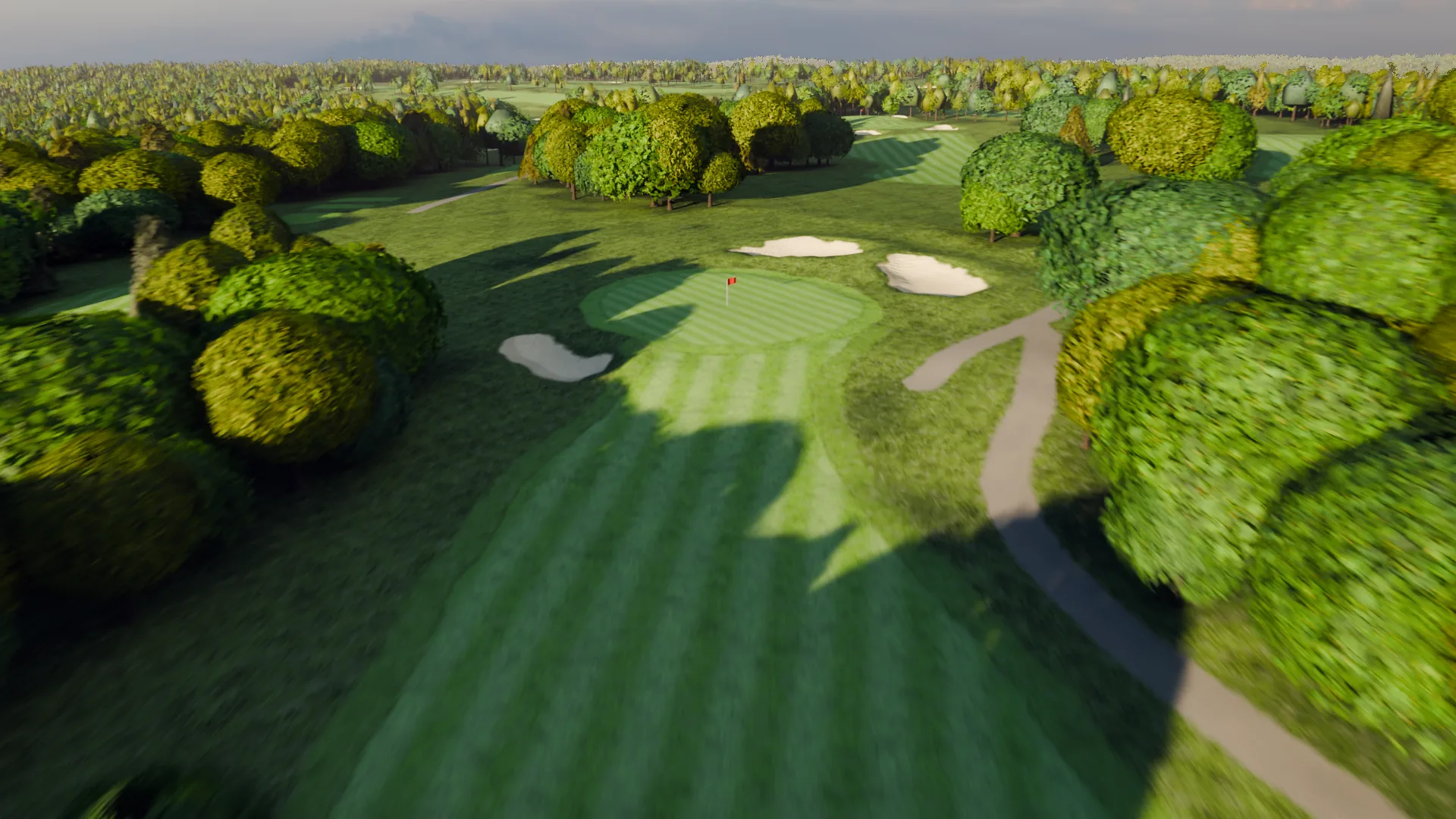 Arrival at the seventh green at River Ridge, the cart path and a bunker, from the air.
