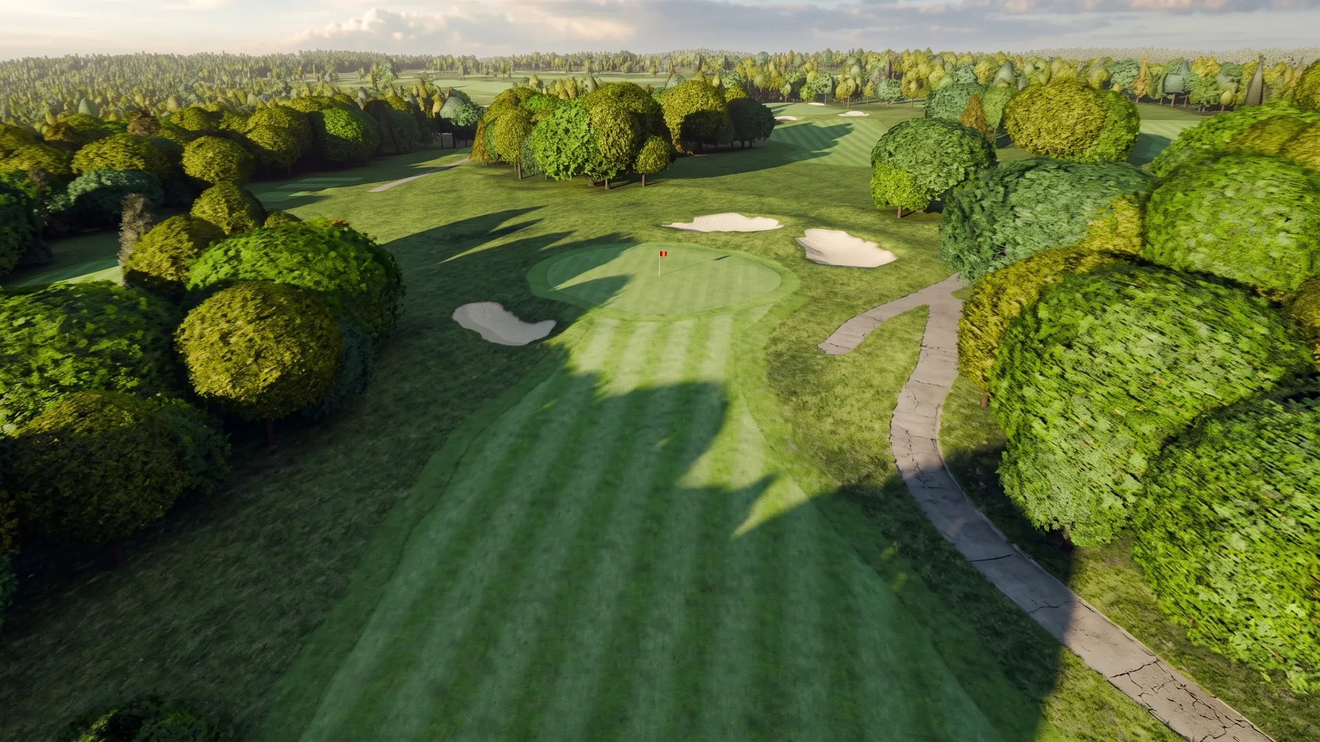 Arrival at the seventh green, the cart path curling in under long shadows.