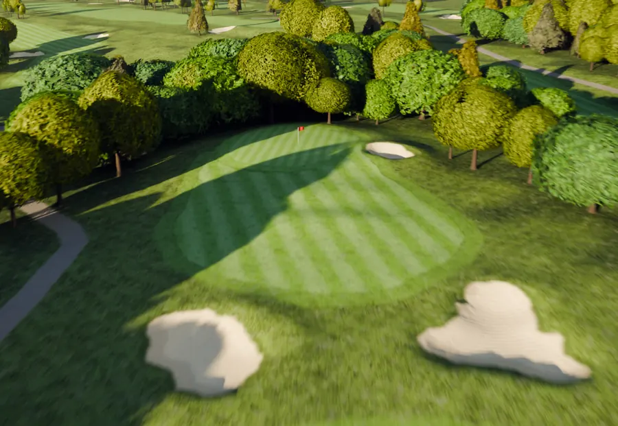 Two white bunkers flanking the eighth green, shadow running diagonal.
