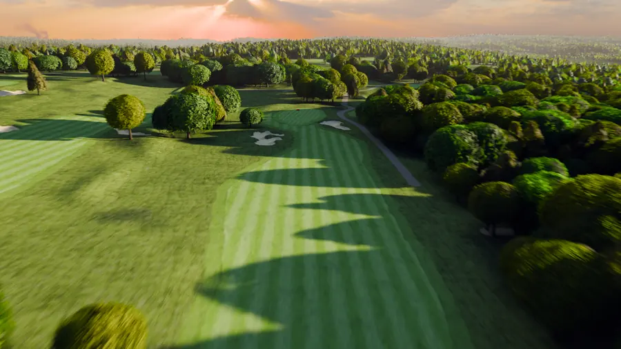 Tree shadows raking the tenth's stripes at River Ridge, warm horizon.