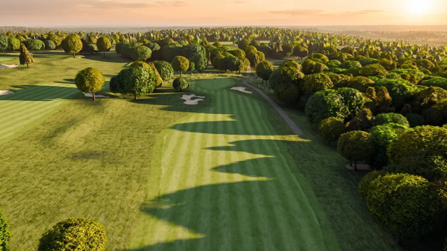 Tree shadows raking the tenth's stripes at River Ridge, warm horizon.