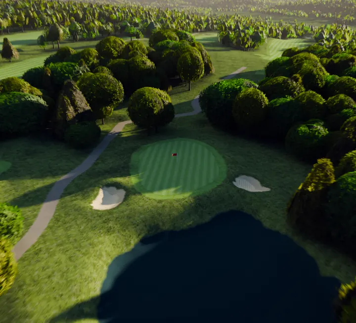 The eleventh at River Ridge, the pond, the green and its bunker stacked down the frame.