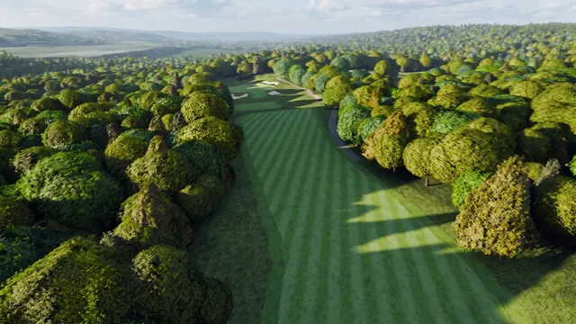 Sunset over the fifteenth at River Ridge, from the air.