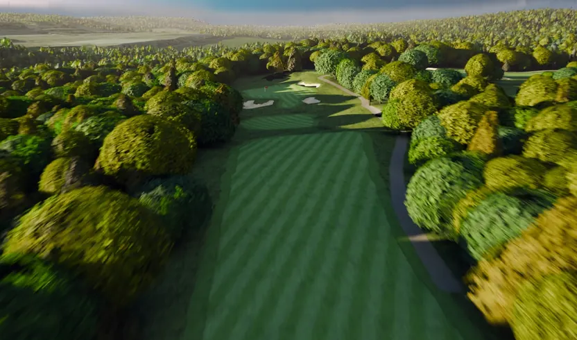 The fifteenth at River Ridge turning between tree lines.