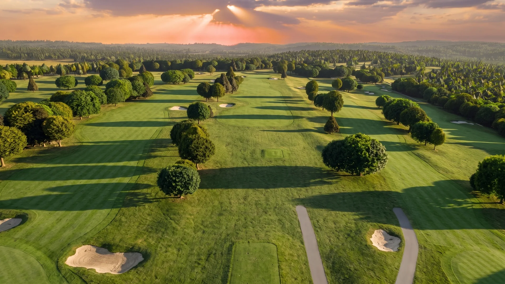 The first hole at River Ridge from the air, the fairway running away between the trees in evening light.
