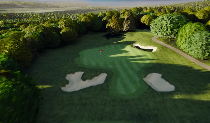 Greenside sand at the fifteenth, flag on, late warm light.