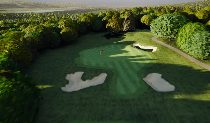Greenside sand at the fifteenth, flag on, late warm light.