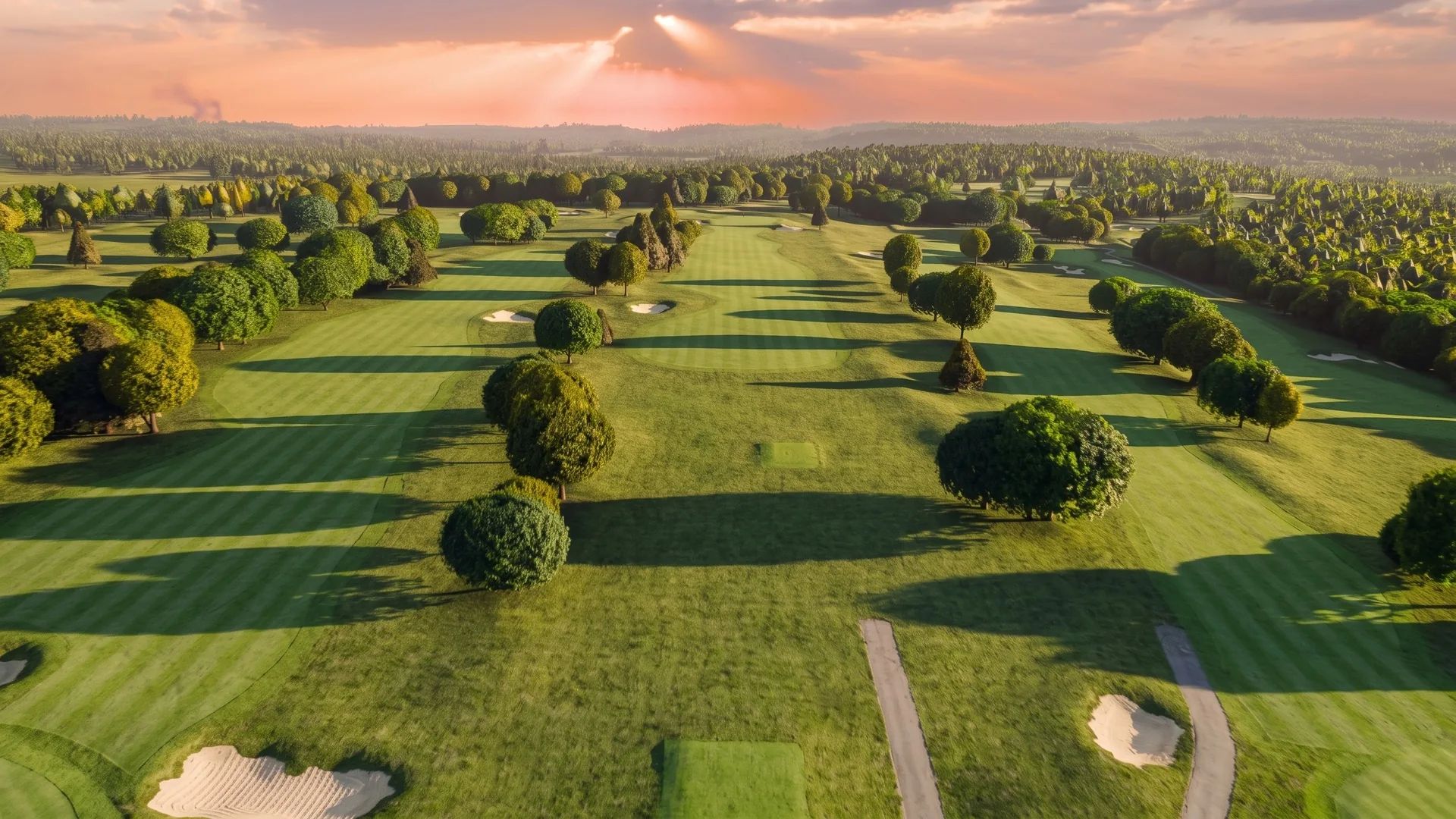 Behind the first tee at River Ridge, the fairway running away under an evening sky.