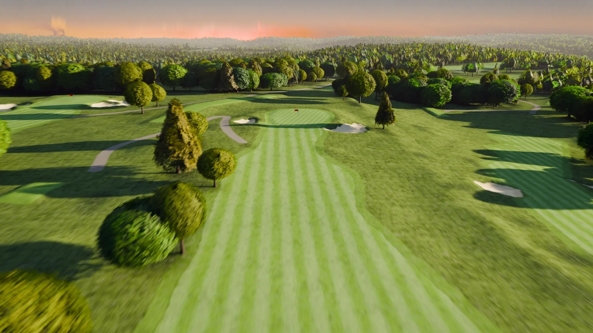 The first fairway at River Ridge running up to the green, from the air.