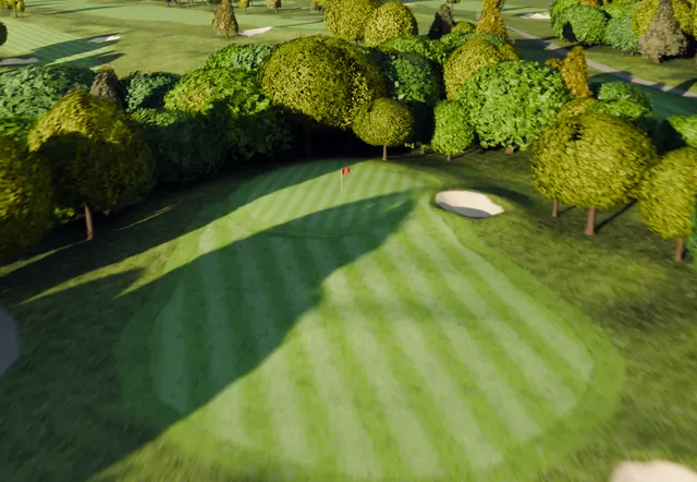 A golf green from above with sand short and right of it.