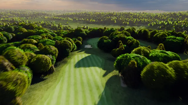 A golf fairway from above running away between trees.