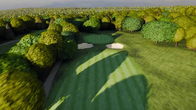 A golf hole from above turning through woodland.