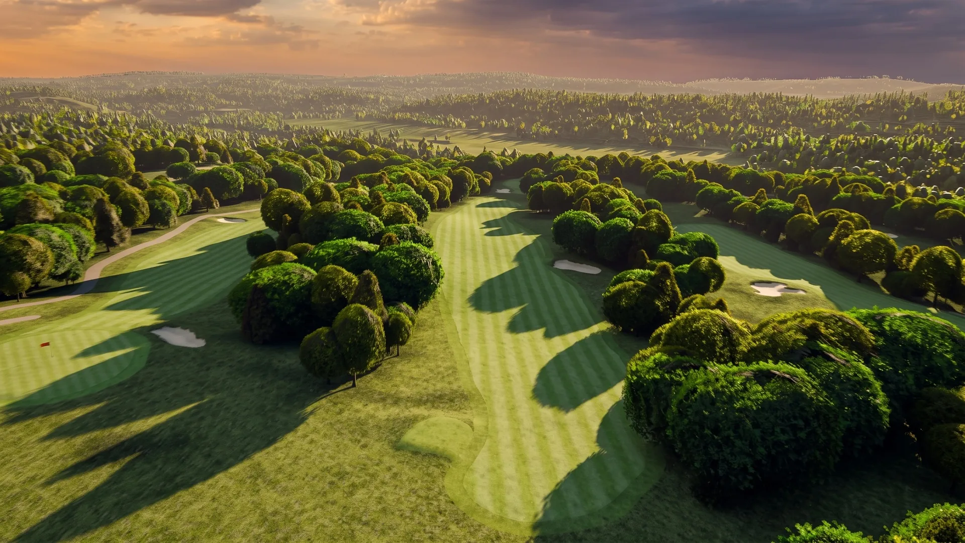 The twelfth's striped corridor at River Ridge, low evening light through the tree line.