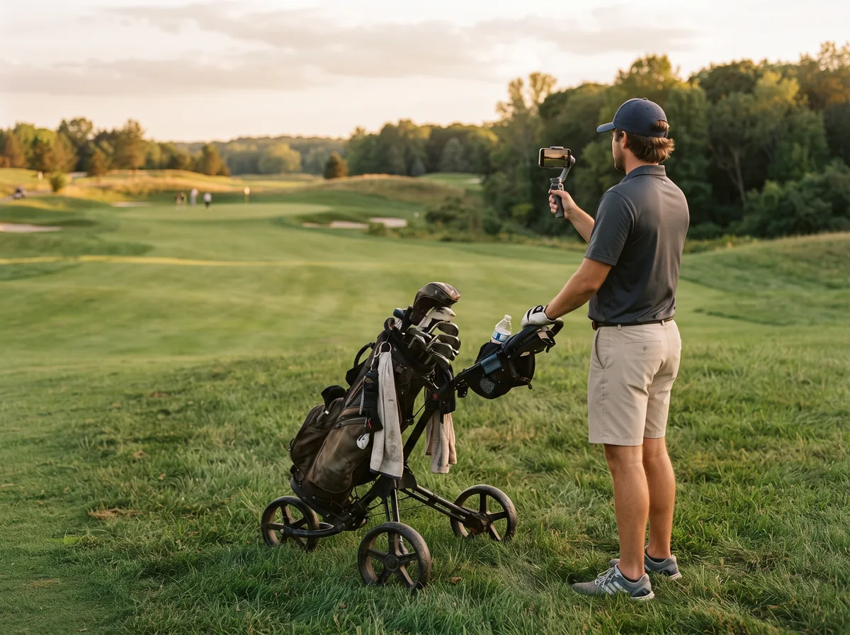 A golfer filming on a phone gimbal at the edge of a fairway.