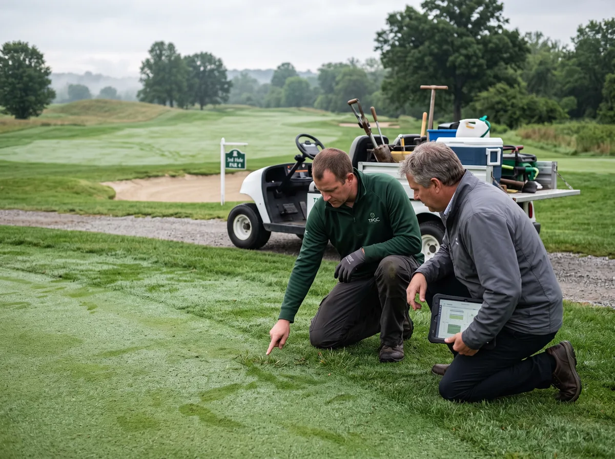 A superintendent and a supplier kneeling at the edge of a green.