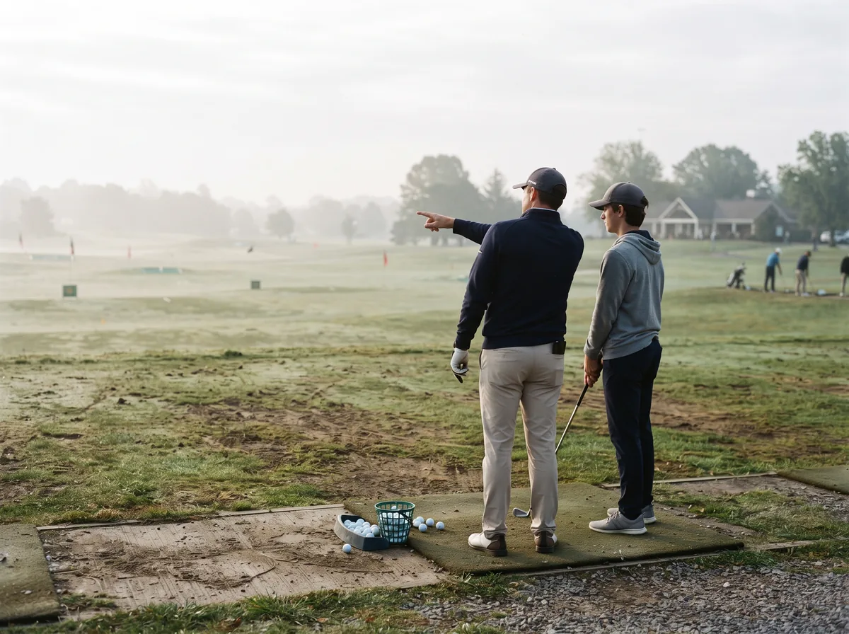 A golf professional coaching a student on a practice range.